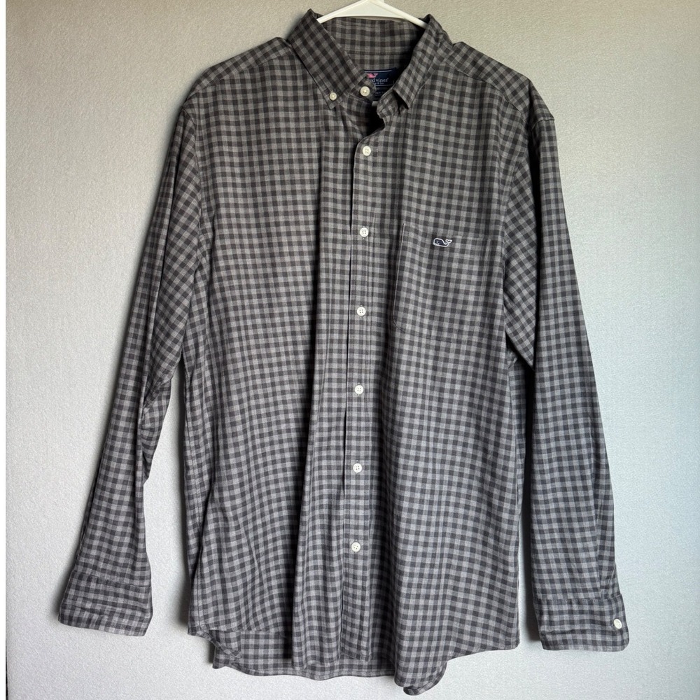 Vineyard Vines Button Down Shirt Mens L Grey Gingham Classic Fit Tucker Shirt